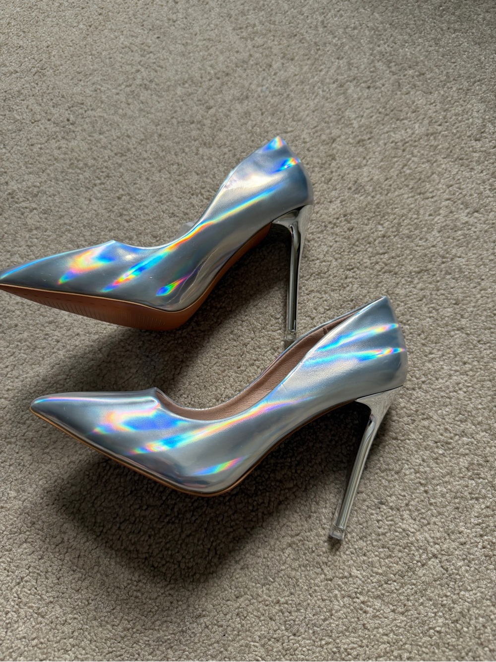 Silver Holographic Pointed Toe Stiletto Pumps Heels Size 34
